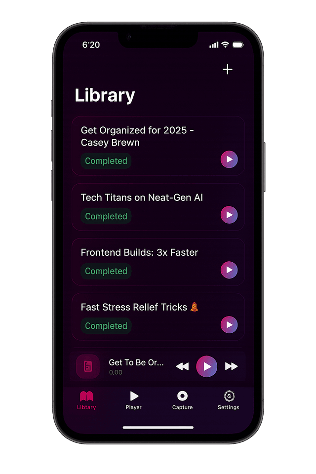ArticleCast iPhone library screen with saved articles