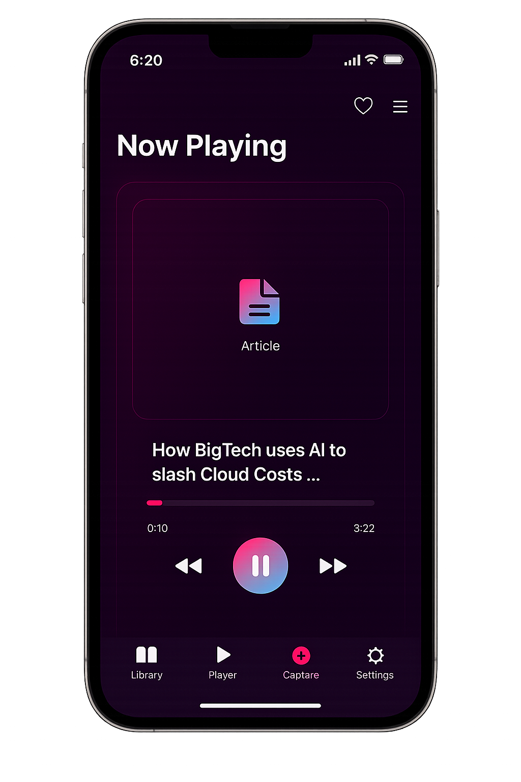 ArticleCast iPhone player screen showing audio controls